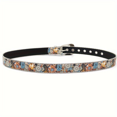 Vintage Boho Floral Print Skull Belt - Y2K Street Style with Pin Buckle, Rhinestone Accents, Waistband for Jeans, Dresses & Pants, Wedding & Casual Attir