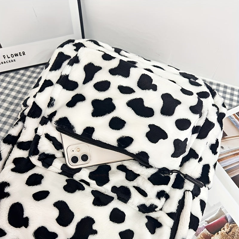 Women'S Cow Print Fleece Backpack, Korean Style Casual Shoulder Bag, Polyester Lining, Adjustable Straps, Zip Closure, Lightweight, Random Print, Versatile for School & Outings