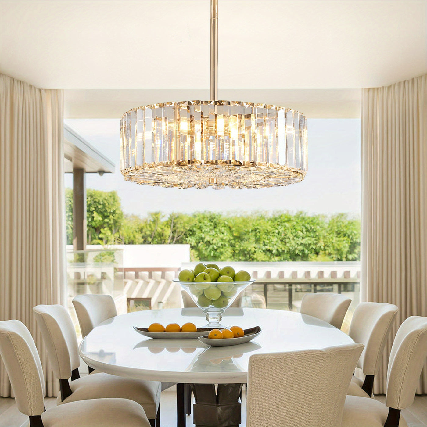 Golden Crystal Chandelier For Dining Room, 4-Light Modern Semi Flush Mount Chandelier Lighting Fixtures, Round Kitchen Hanging Drum Pendant Lights Ceiling For Bedroom Entryway Foyer, 15 Inch