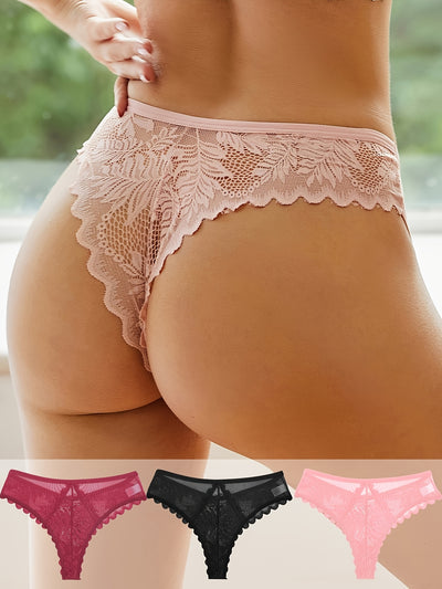 3pcs Women's Lace Trim Sexy Sheer Thong Set, Intimate Wear, Thong Collection, Feminine Lingerie, Elegant Thongs, Soft Lace, Comfortable Fit, Vstring Panties, Lowrise Underwear, Sensual Undergarments, Lingerie Lovers