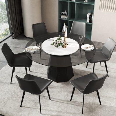 Glass Round Dining Table For 6-8, Modern Dining Table 59" Dining Room Table Round Black Glass Top With Solid Base For Kitchen