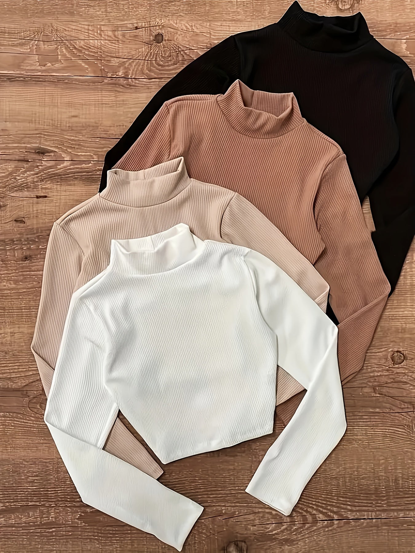 High-Neck Long Sleeve Four-Piece Set T-Shirt, Black Ten White Ten Coffee Ten Apricot