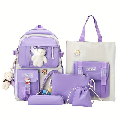 New Five-piece Backpack Korean Version Of The School Bag Women's Lightweight Harajuku Ins Casual Backpack Cute Bear Pendant Backpack