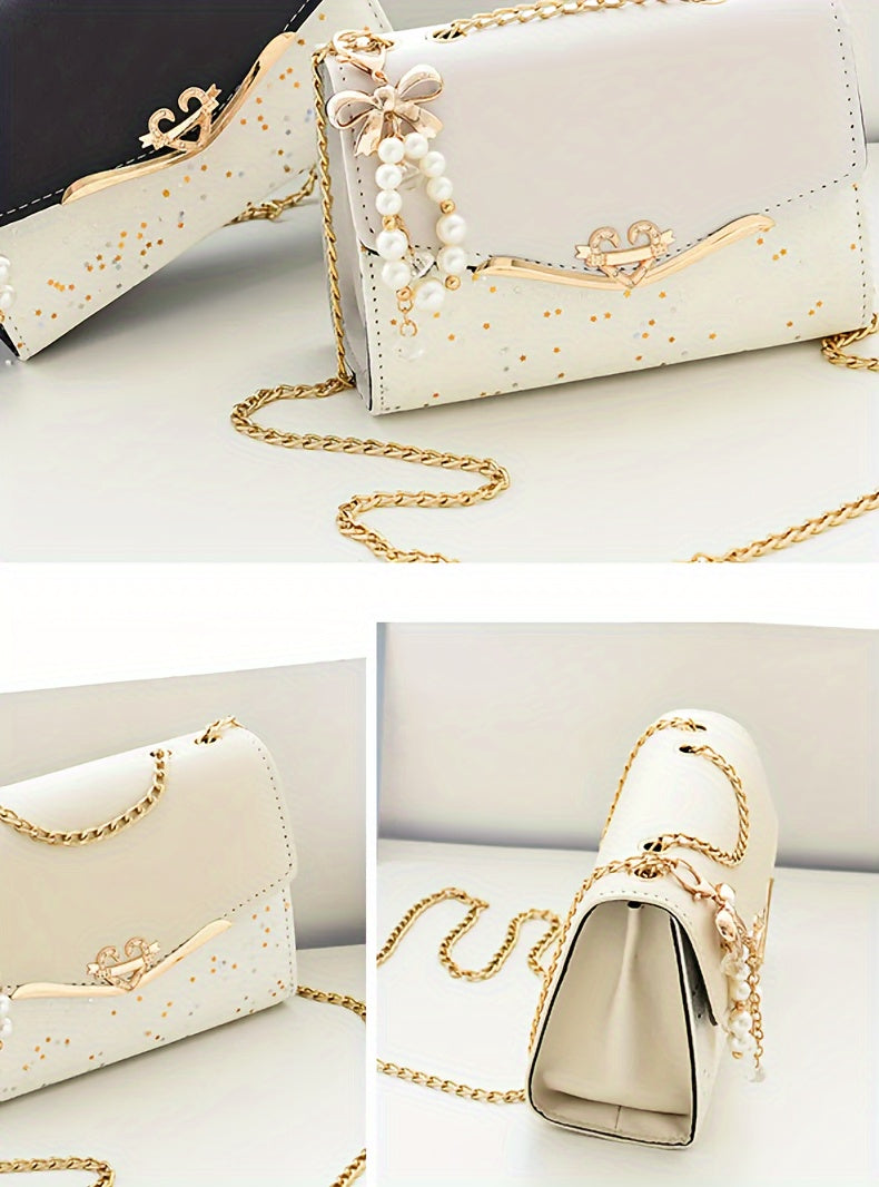 Elegant Korean Fashion Crossbody Bag with Sequins, Lightweight Polyester-Lined Handbag with Metal Chain, Versatile for Daily Use & Travel, Ideal for Birthday, Thanksgiving, Halloween, Christmas Gifts