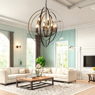 12-Light Modern Farmhouse Chandelier - 31.5" Black Round Pendant Light Fixture for High Ceilings, Adjustable Height (32"-90"), E12 Bulb Compatible, Entryway, Kitchen Island, Staircase & Foyer Lighting, Versatile Lighting Fixt