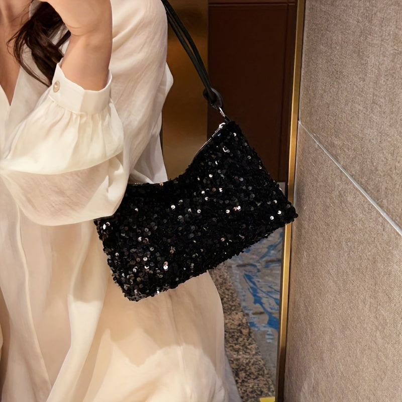 Urban Essentials, Chic Black Sequin Shoulder Bag for Women - Trendy Korean Style, Lightweight Nylon Handbag with Fixed Strap and Zip Closure, Polyester Lined