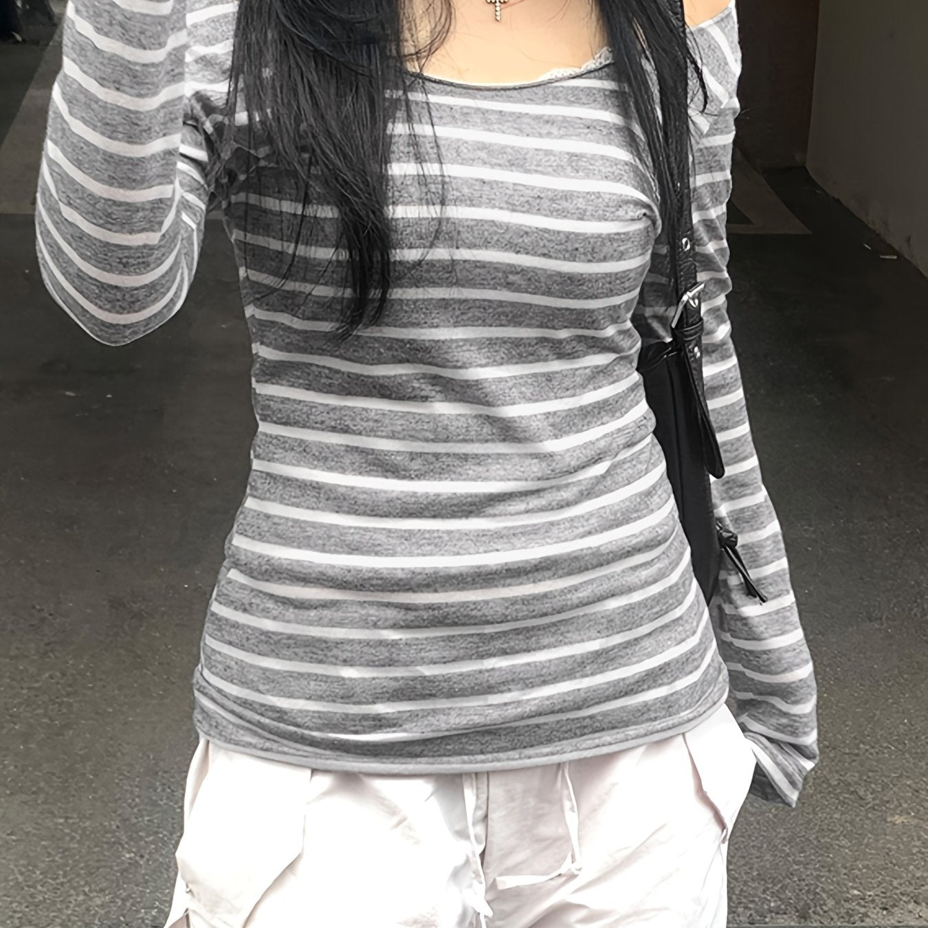 Japanese and Korean Special Targeted Elegant Basic Large Round Neck Slimming Long Sleeve Striped Top