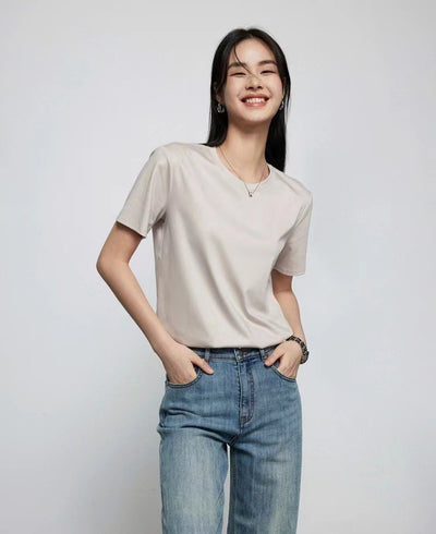 Mulberry Silk Women's Mercerized Cotton T-shirt Fine Solid Color Round Neck Short Sleeves