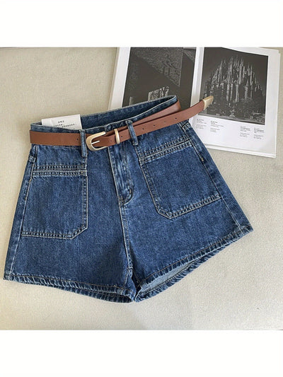 Women's High-Waisted A-Line Denim Shorts - Summer 2024 Fashion, Versatile Korean Style Wide-Leg Hot Pants, White & Pinkish-Beige Jean Shorts with Adjustable Belt, Casual Streetwear for Women, Adjustable Fit Shorts | Buckle De