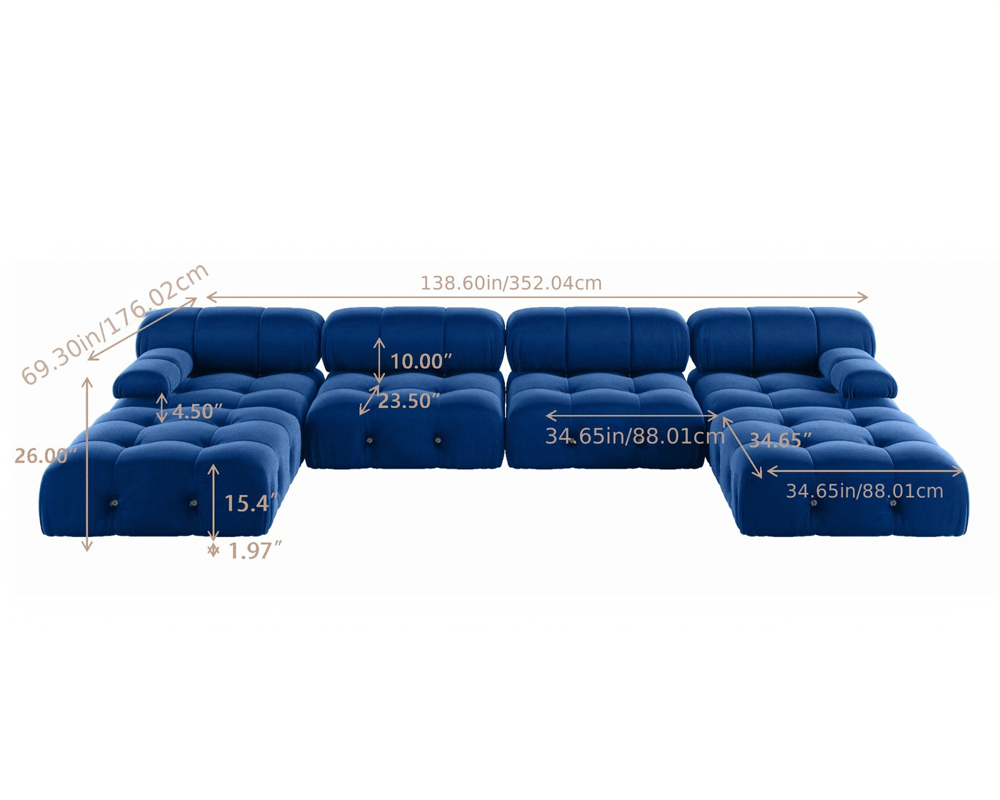 U-Shaped Minimalist Velvet Sofas, 138.6" Convertible Modular Sectional Couch, Modern Comfy Sectional Couches with 2 Chaise Ottomans for Living Room Office Apartment