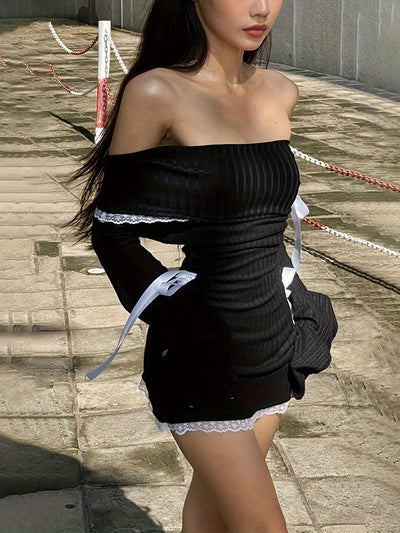 E-girl Gothic Kawaii Bow Mini Dress Korean Sweet Girl Lace Trim A-line Dress Fairycore Grunge 00s Retro Y2K Coquette Streetwear