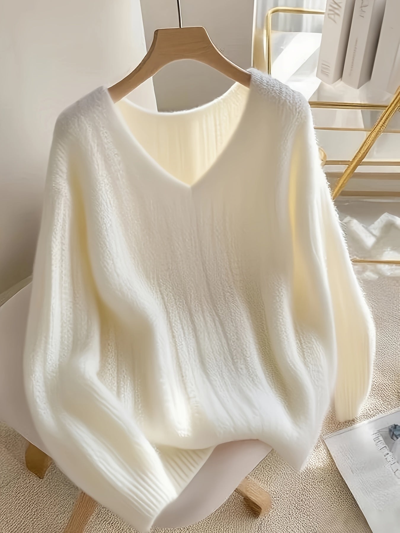 Women's Elegant V-Neck Cable- Sweater - Soft White Oversized Long Sleeve Pullover, Cozy All-Season Casual to Formal Wear, Easy-Care Hand Wash/Dry Clean, Versatile Layering Piece for Fall Winter Summer Outfits, Cozy Sweaters f