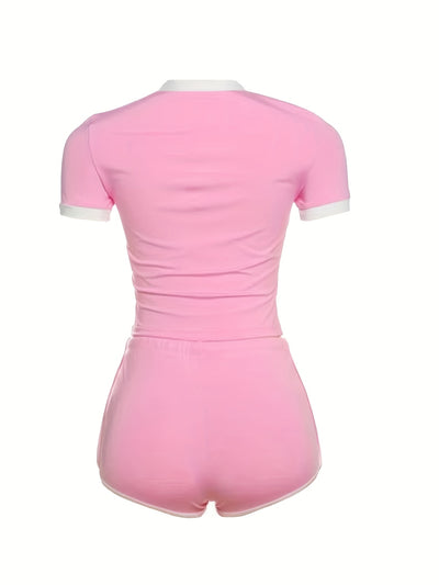 Women'S Y2K Style Pink Letter Print Shorts Set - Casual Top with Drawstring Waistband, Polyester, Casual Attire|Y2K Fashion|Polyester Fabric