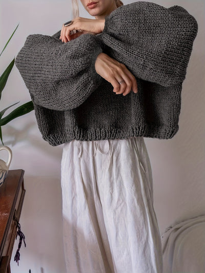 Elegant Gray Sweater with Puff Sleeves