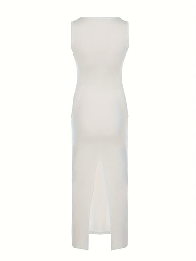 Chic Vacation Style Sexy Music Festival Solid Color Basic Waist Tie Back Split Tank Dress Targeted Korean Special