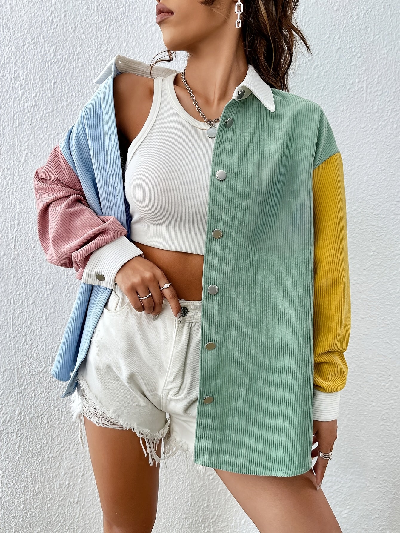 Color Block Button Front Shirt, Casual Long Sleeve Drop Shoulder Shirt For Spring & Fall, Women's Clothing