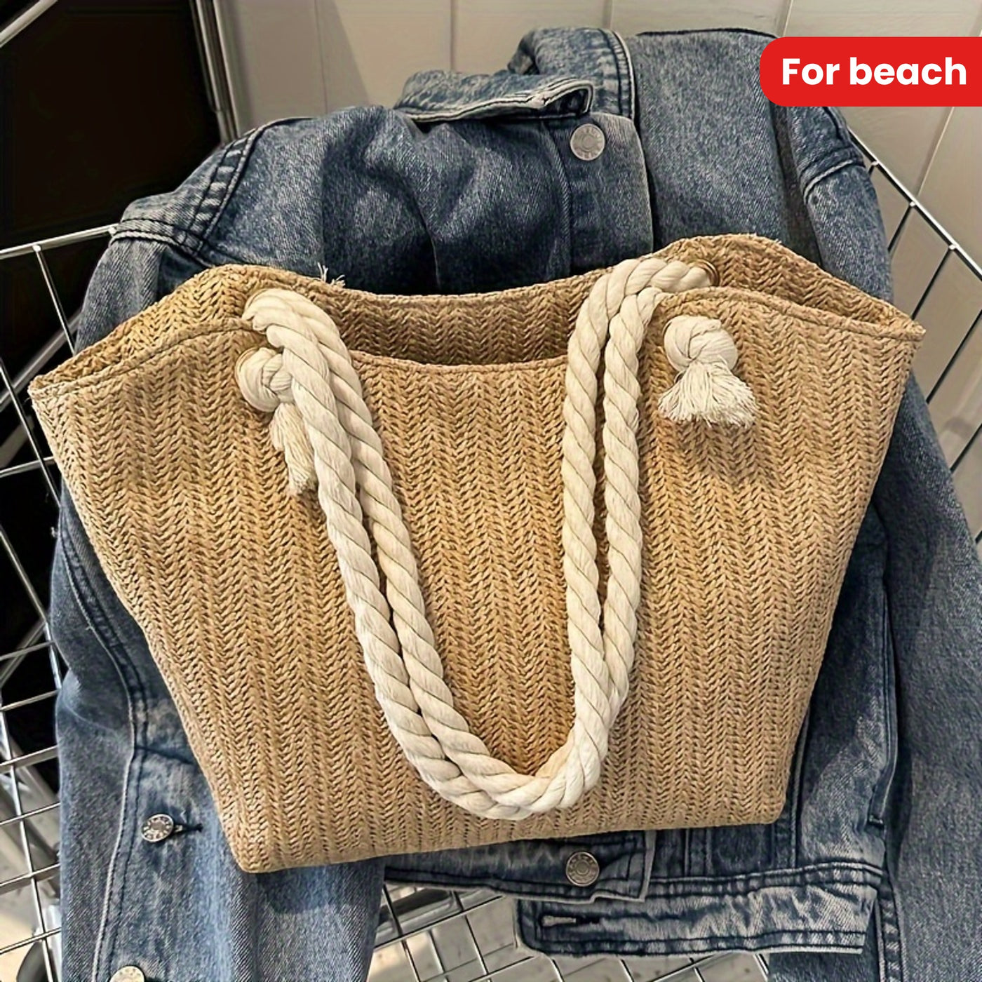 2024 Ladies Large Capacity Beach Bag Handbag, Versatile Fashion Korean Fashion Shoulder Bag, Pastoral Style Woven Bag