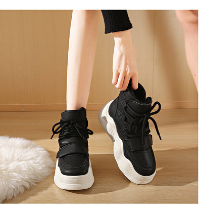 2024 Winter Fleece-Lined White Sneakers - Korean Style Insulated Women'S High-Top Lace-Up Shoes, Thick-Soled Casual & Sports Shoes with PU Upper, Rubber Sole, and Breathable Fabric Lining for Cold Weather Comfort, Casual Foot