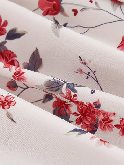 Elegant Off-Shoulder Floral Print Dress with Red Bow Straps
