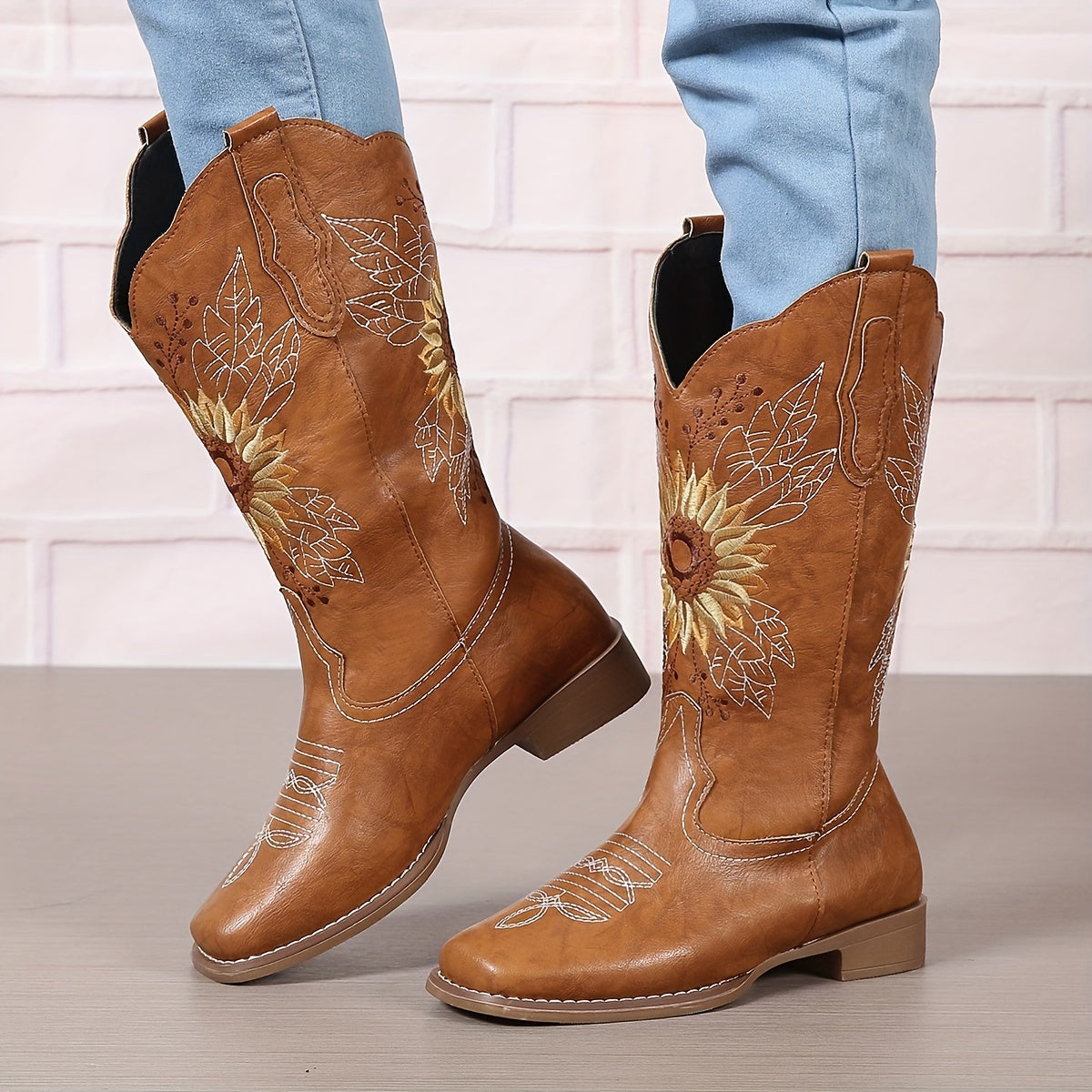 [Mid Calf Embroidered Western Boots] Women's Embroidered Mid Calf Western Boots, Faux Leather Fashion Boots, Women's Footwear