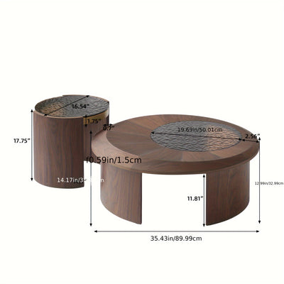 35, 43" Round Nesting Coffee Table Set 2, Mid Century Modern CoffeeTable Round Coffee Table, Walnut & Temper Glass Surface, Round Center Coffee Table for Living Room/Farmhouse/Office/Studio, Living Room Decor, Farmhouse Style
