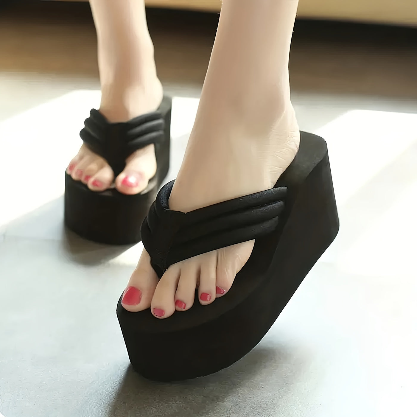 Women's Wedge Flip Flops, Fashionable Black Platform Heeled Slide Shoes, Summer Outdoor Beach Slides