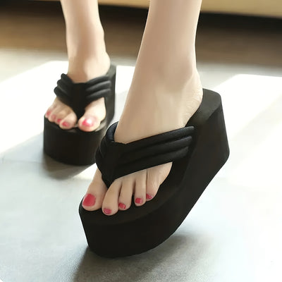 Women's Wedge Flip Flops, Fashionable Black Platform Heeled Slide Shoes, Summer Outdoor Beach Slides