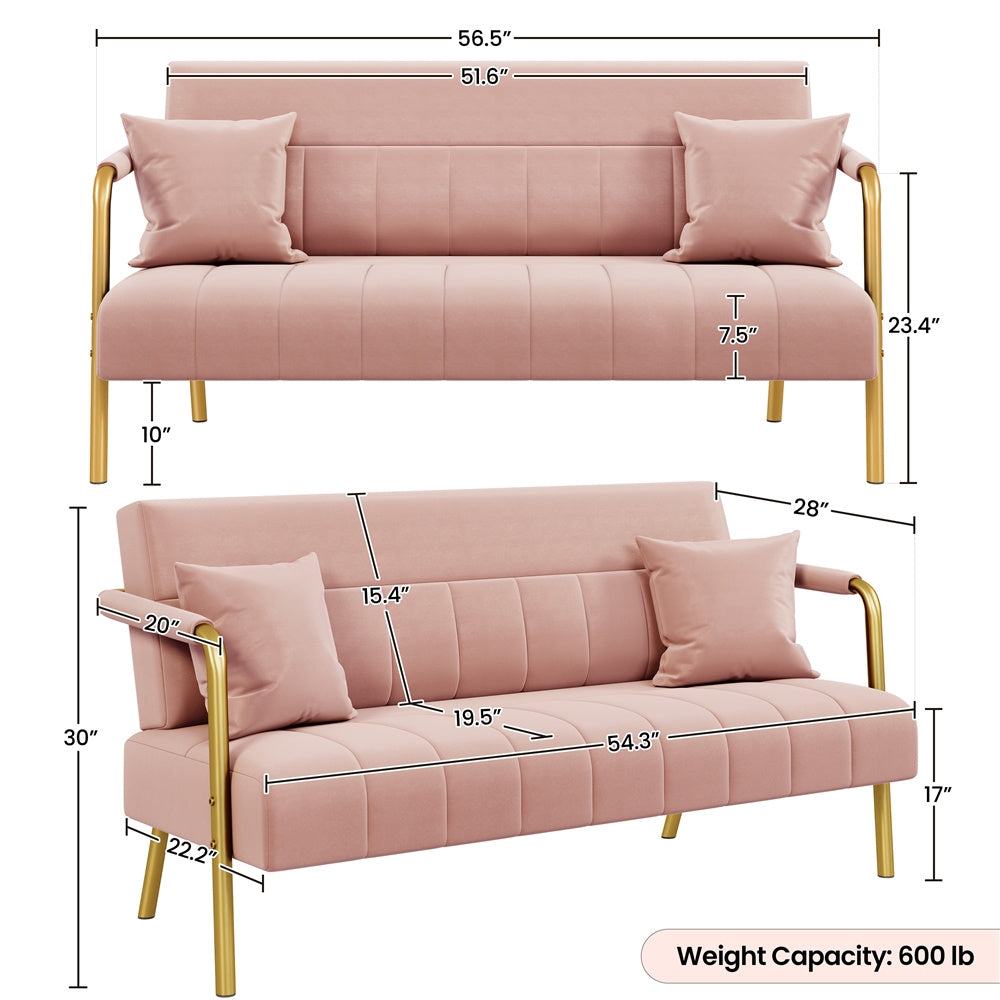 Costoffs Velvet Fabric Sofa Couch, 56.5″ W Modern Loveseat Couch with Gold-tone Metal Arms, Legs & 2 Pillows, Sofa for Living Room, Bedroom Furniture, Halloween Gift, Pink/Green/Gray