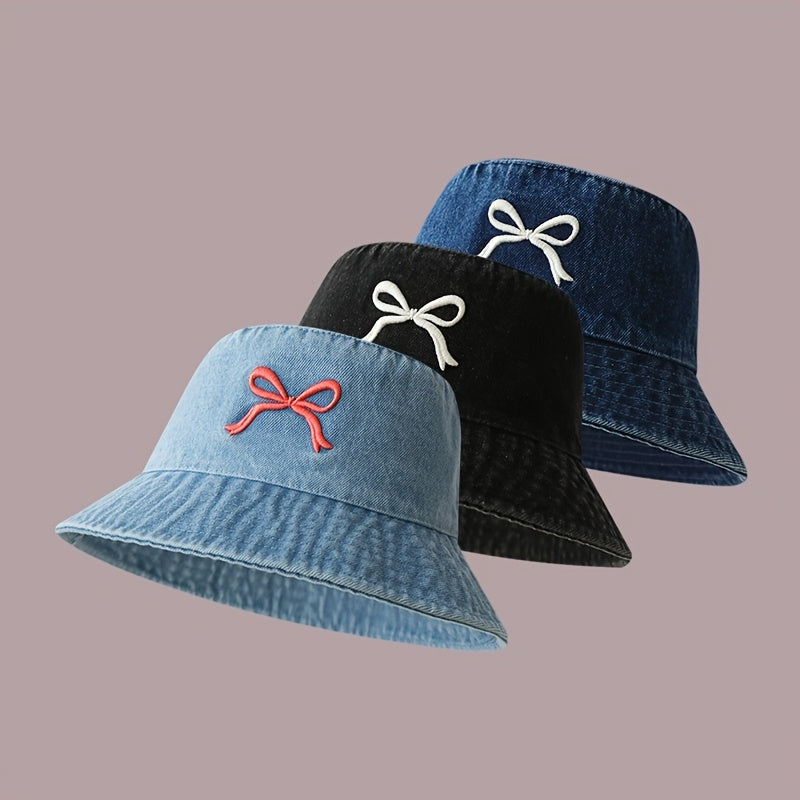 1pc - Korean Style Embroidered Bow Fisherman Hat for Spring And Summer Outings, Sun Protection, Denim Bucket Hat for Women, Casual And Versatile, Makes The Face Look Smaller.