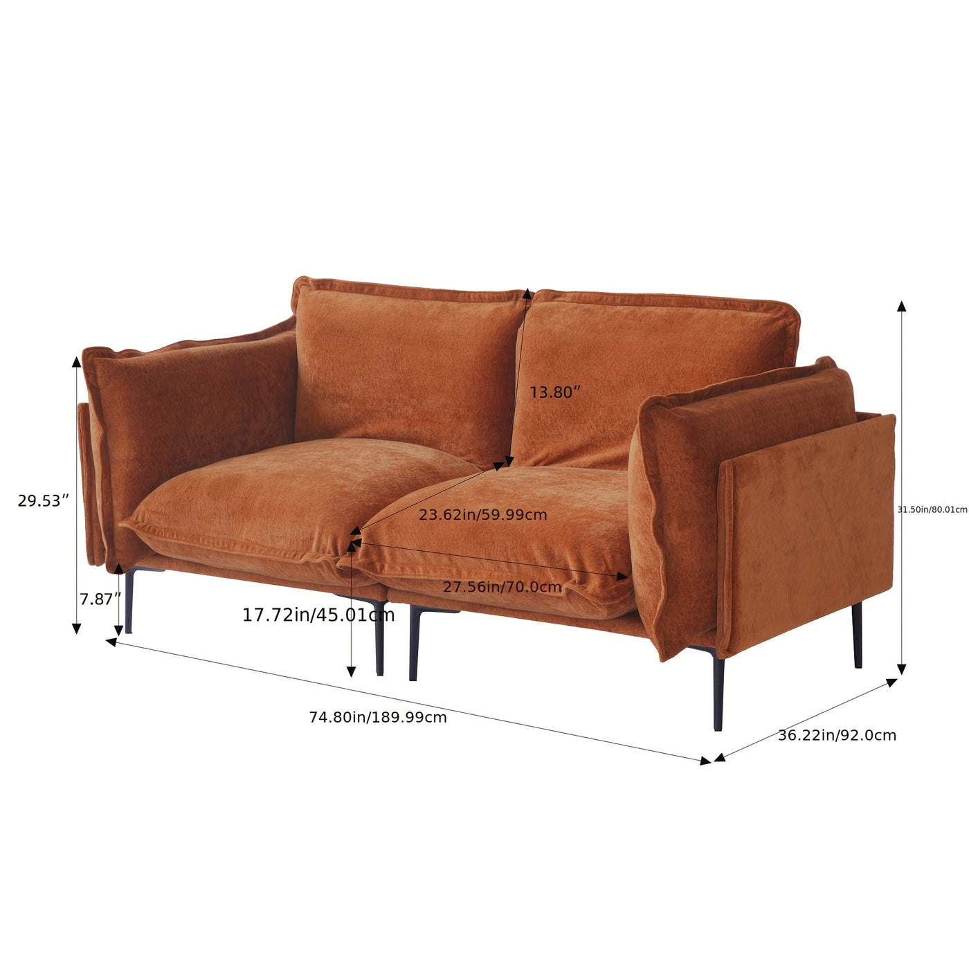 74" Modern Modular Loveseat Sofa - Space-Saving Sectional Couch with Deep Seat, Chenille Upholstery, Hardwood Frame, No Assembly Required, for Living Room, Apartment, Office - Orange Modern Furniture, Sectional Sofa for Livin