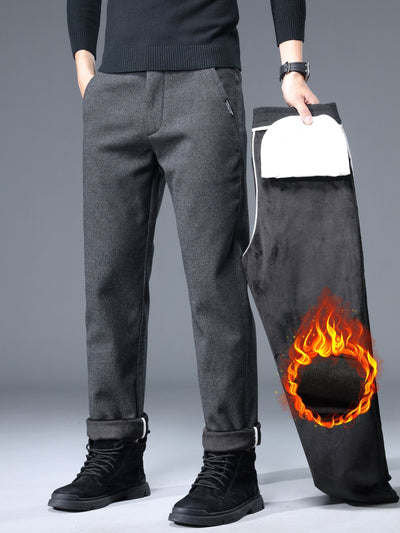 Men's Thermal Padded Slim Fit Trousers, 8891# Winter Woolen Men's Pants, Korean Style Business Casual, Polyester Blend, Regular Length, Zipper Closure, Straight Leg, Mid-Waist, Embroidery Detail, 420gsm