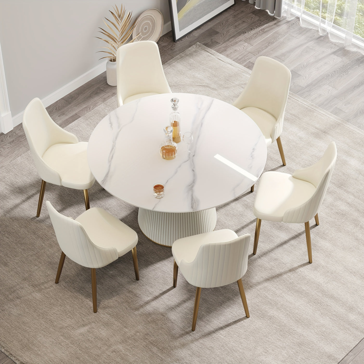 Round Dining Table(Chairs Not Included) - Marble Dining Room Table Round Kitchen Table For 6 To 8, Glossy Sintered Stone Tabletop With Solid Metal Diamond Shape Base, Circle Dining Table For Kitchen