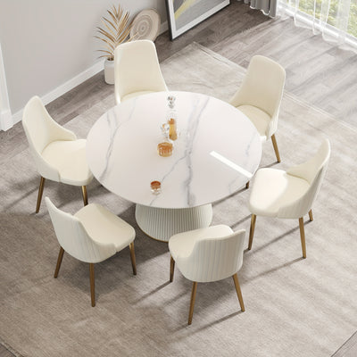 Round Dining Table(Chairs Not Included) - Marble Dining Room Table Round Kitchen Table For 6 To 8, Glossy Sintered Stone Tabletop With Solid Metal Diamond Shape Base, Circle Dining Table For Kitchen