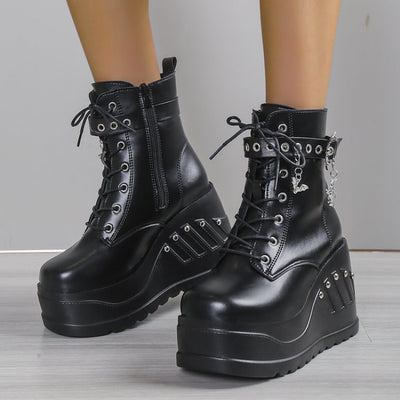 Women's Slip-On Chunky platform boots - Punk-chic ankle boots with non-slip rubber outsole, Faux Cover Shoes for Everyday & special events - Easy Slip-On Closure (Black), Wide Width Boots for Women, Womens Footwear, Woman Hig