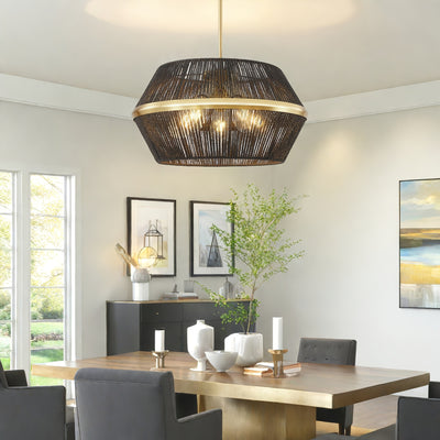 19" Adjustable Height 5-Light Black Rattan Farmhouse Chandelier - Hand-Woven Boho Pendant Light Fixture for High Ceilings, Rustic Dining Room & Kitchen, Easy Install with Hardware Included