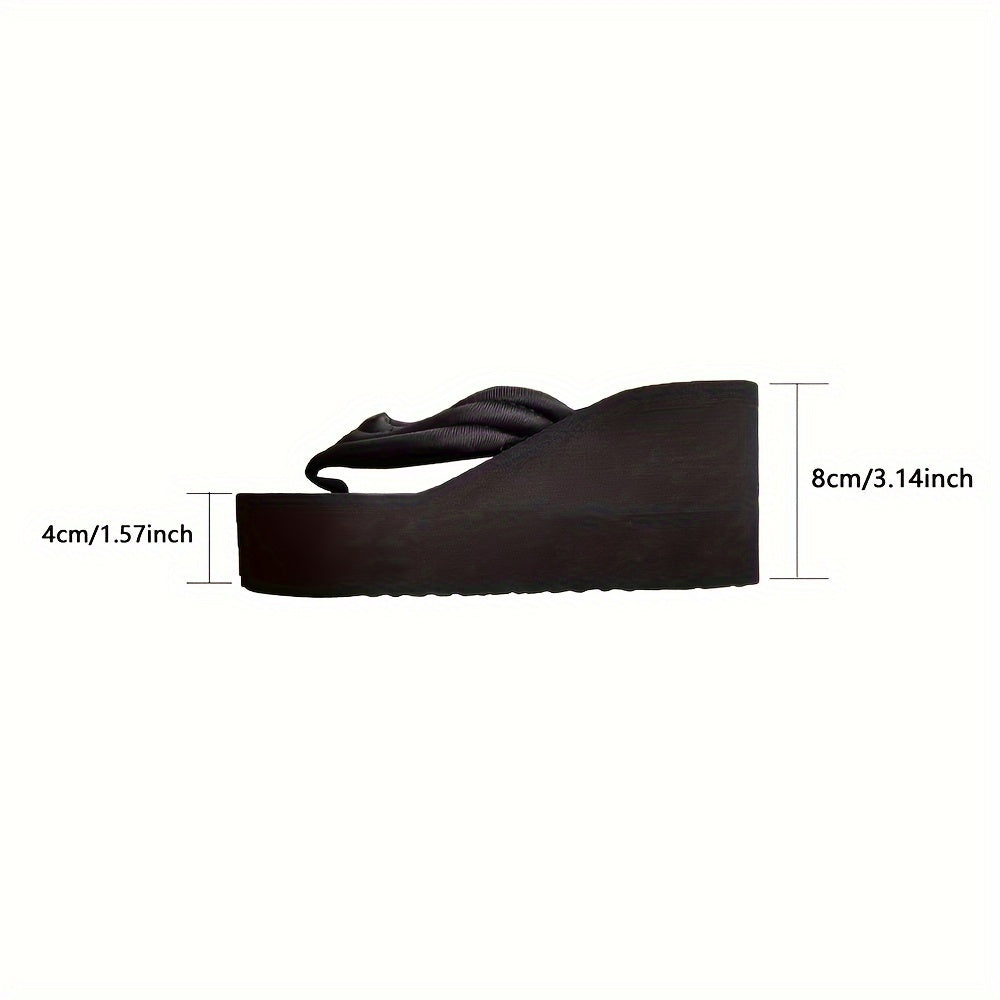 Women's Wedge Flip Flops, Fashionable Black Platform Heeled Slide Shoes, Summer Outdoor Beach Slides