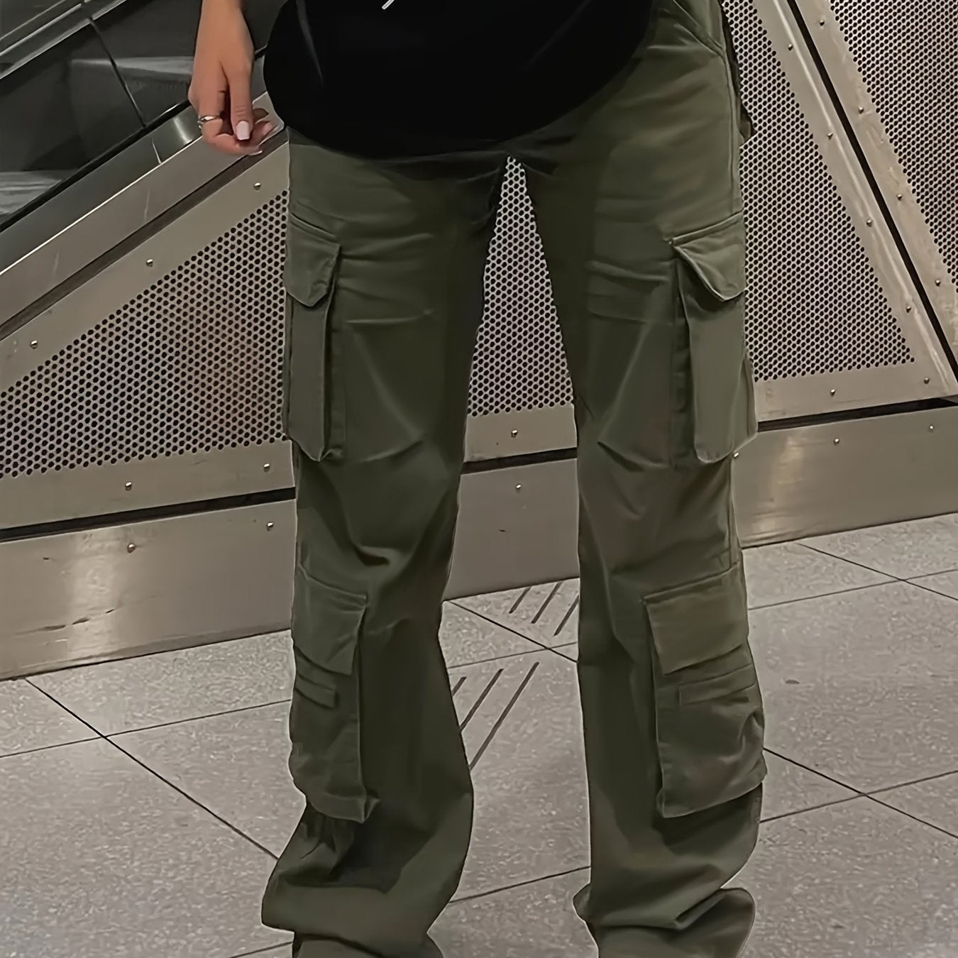 [Y2K Fashion Cargo Pants] Women's High-Waisted Cargo Pants with Flap Pockets, Y2K Kpop Style, Retro Streetwear, Loose Fit Polyester Straight Leg Trousers for All Seasons, Casual Wear Pants|Y2K Fashion|Polyester Fabri