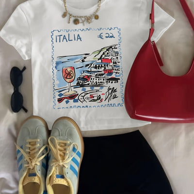 1pc Women's Y2K Graphic Print Crop Top - Italy Coastal Landscape & Letter Design, Slim Fit Round Neck Short Sleeve Tee, Machine Washable Summer Casual Top, Travel Clothing, Knotted Hem Style, Medium Elasticity