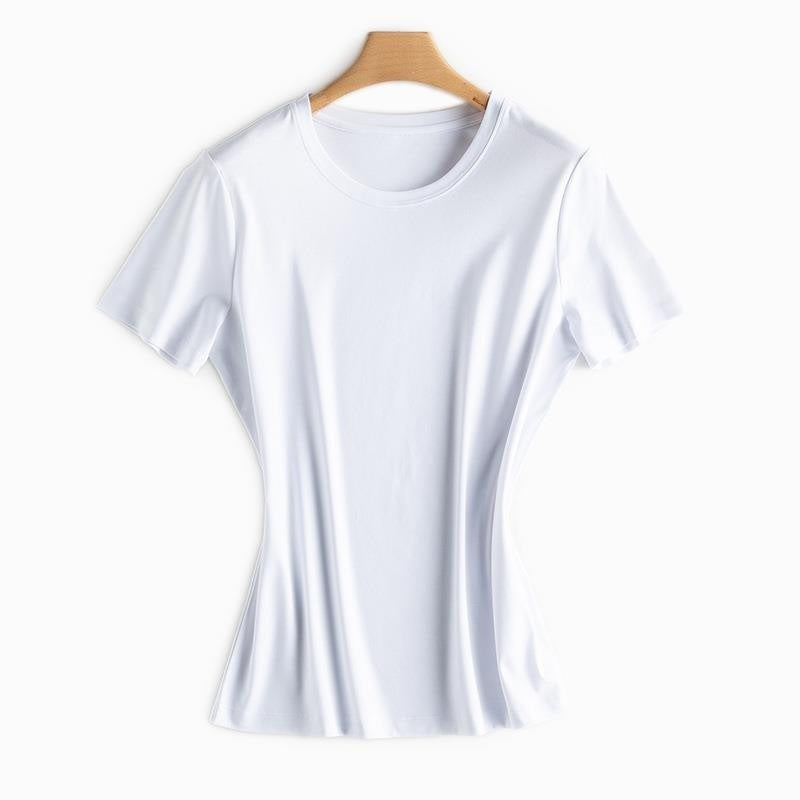 Mulberry Silk Women's Mercerized Cotton T-shirt Fine Solid Color Round Neck Short Sleeves