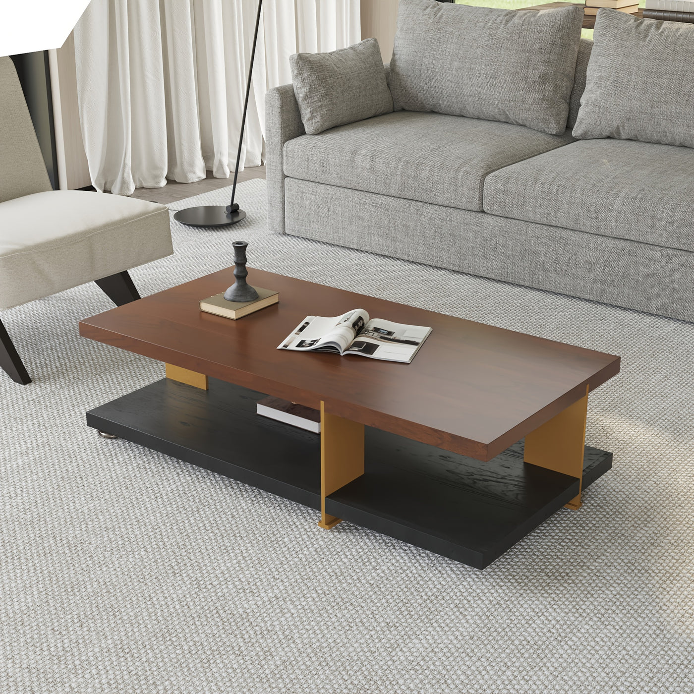 Modern Black Wood Coffee Table with 2-Tier Storage Shelves - Mid-Century Design Center Table for Living Room, Office, or Apartment (47.24" x 15.75" x 13"), Living Room Furniture | Clean Line Furniture | Highdensity Fiberboard