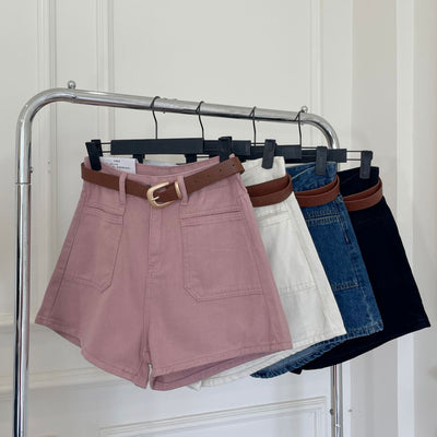 Women's High-Waisted A-Line Denim Shorts - Summer 2024 Fashion, Versatile Korean Style Wide-Leg Hot Pants, White & Pinkish-Beige Jean Shorts with Adjustable Belt, Casual Streetwear for Women, Adjustable Fit Shorts | Buckle De