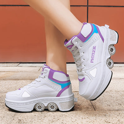 Unisex Roller Skates for Adults & Teens - 4-Wheel Retractable Design, White & Black Checkered Pattern, Synthetic Synthetic Faux Upper, TPR Sole, Lace-Up Closure, All-Season Outdoor Sports & Casual Wear, Roller Skates for Adul