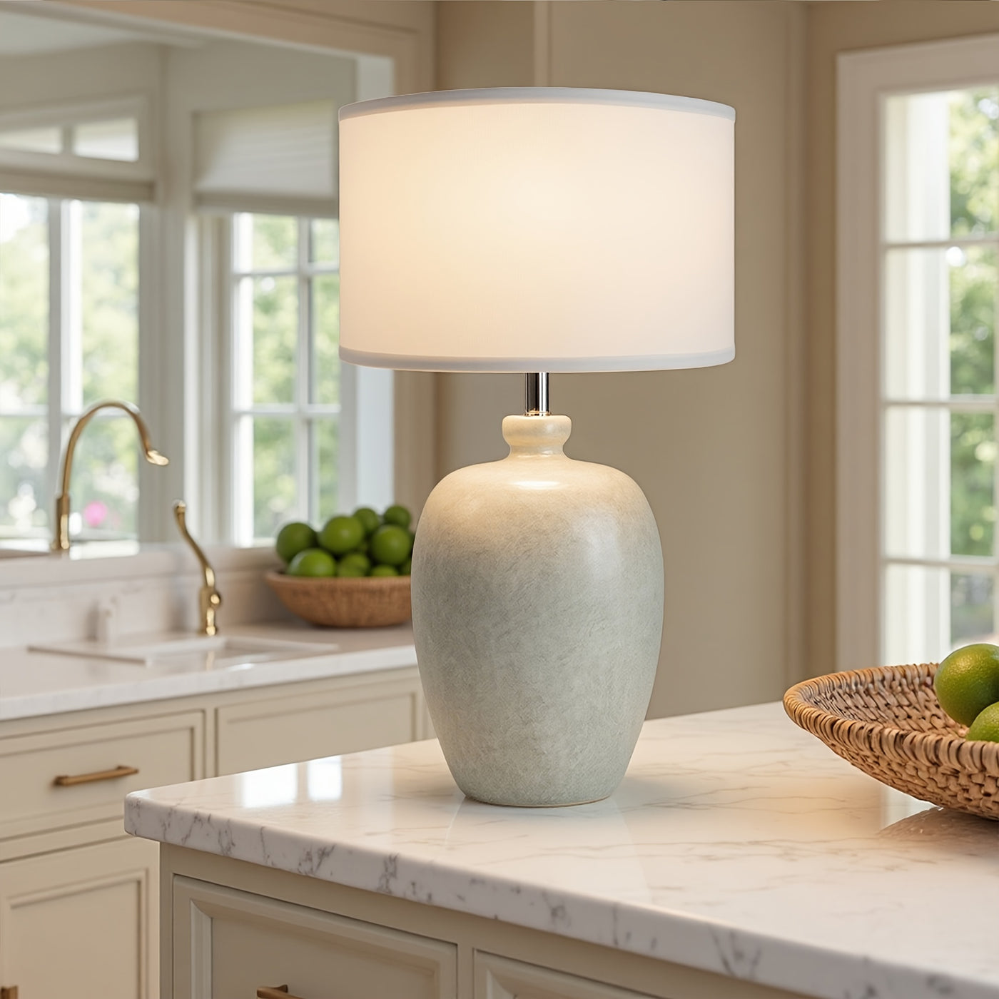 Rustic Farmhouse Ceramic Table Lamp for Bedroom, Living Room, Dining, Office, Ice Pattern Effect Lamp Body with White Linen Shade(Bulb Not Included), Lamps For Living Room, Table Lamps For Living Room, Bedside Lamp For Bedroo
