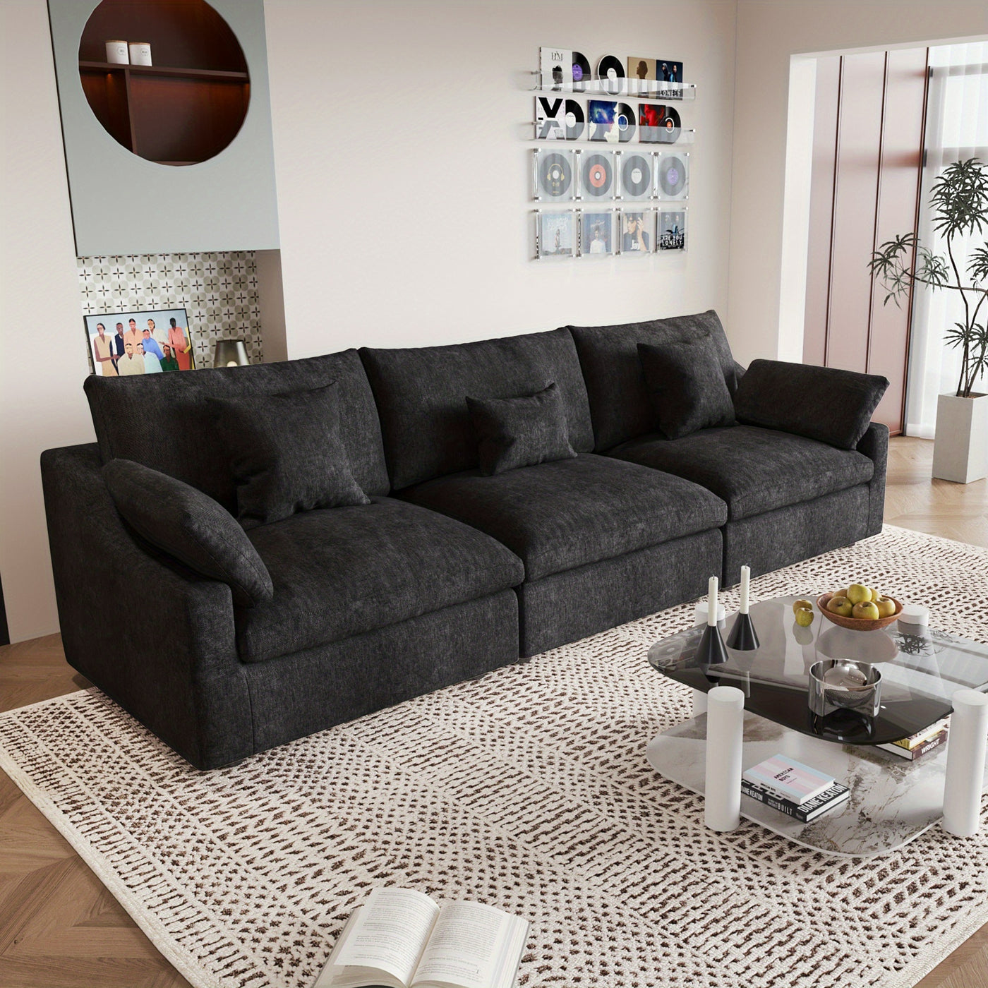 Modern 3-Seater Sectional Sofa with Removable Washable Linen Fabric & Adjustable Backrest Pillows - Black Slope Armrest Design, Chaise Lounge Compatible, Frame - Convertible Sleeper Sofa for Small Apartments & Living Rooms, B