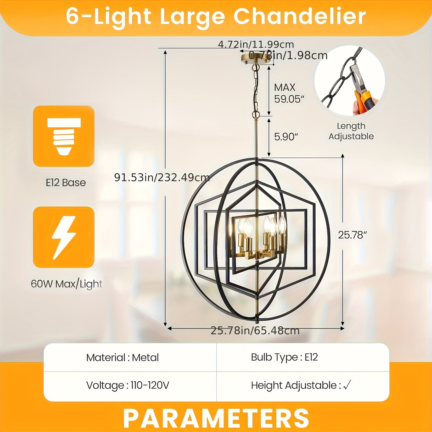 26" Farmhouse Chandelier, 6 Light Black And Golden Chandelier, Large Chandeliers For High Ceilings, Round Pendant Lights For Living Room, Staircase