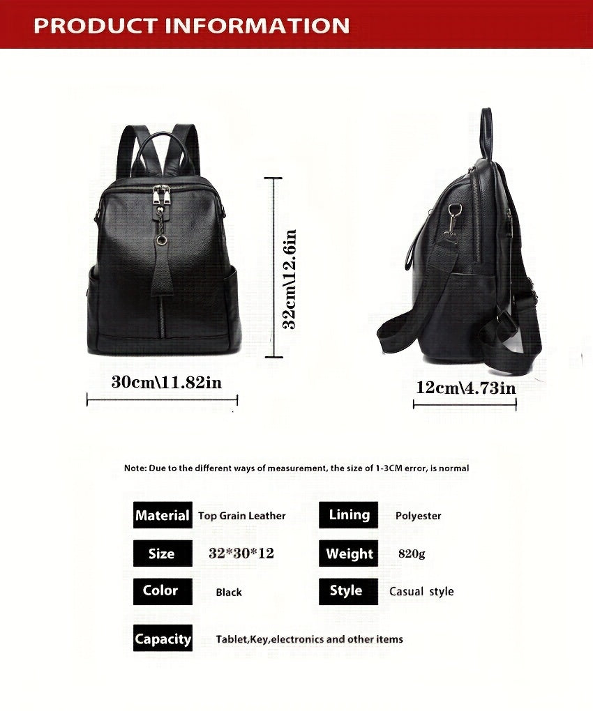 2024 New Fashion Large Capacity Elegant Genuine Leather Women's Backpack, Korean Style Anti-Theft Commuter Travel Bag with Adjustable Strap and Zipper Closure