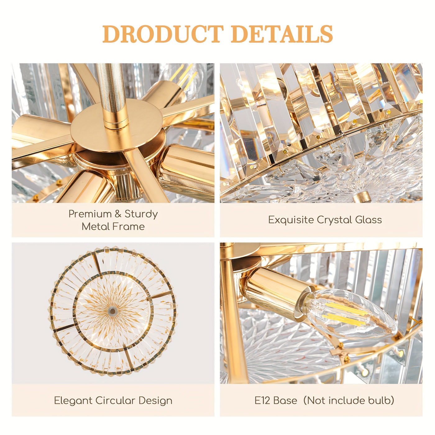 Golden Crystal Chandelier For Dining Room, 4-Light Modern Semi Flush Mount Chandelier Lighting Fixtures, Round Kitchen Hanging Drum Pendant Lights Ceiling For Bedroom Entryway Foyer, 15 Inch