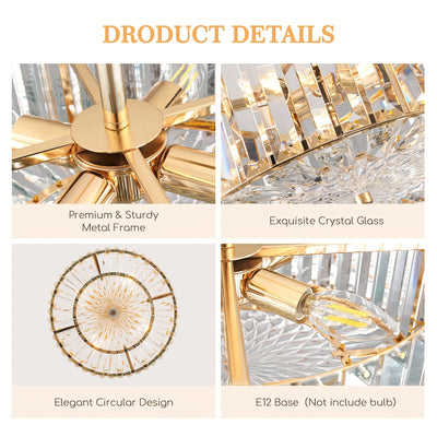 Golden Crystal Chandelier For Dining Room, 4-Light Modern Semi Flush Mount Chandelier Lighting Fixtures, Round Kitchen Hanging Drum Pendant Lights Ceiling For Bedroom Entryway Foyer, 15 Inch
