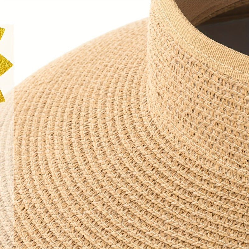 Women'S Summer Sun Hat with Open Top - Wide Brim, Elastic, Breathable Fabric, UV Protection, Foldable & Portable, Korean Fashion, No Feathers, Weave Craftsmanship