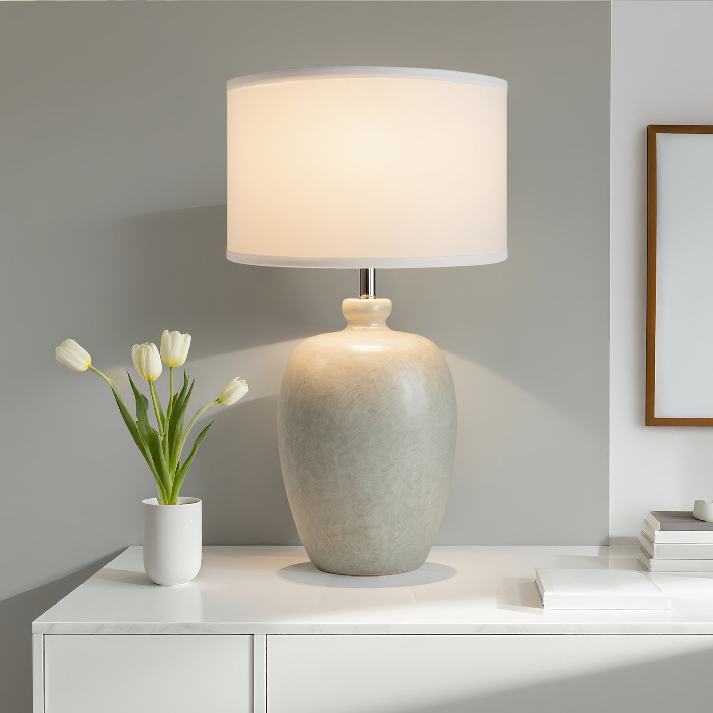 Rustic Farmhouse Ceramic Table Lamp for Bedroom, Living Room, Dining, Office, Ice Pattern Effect Lamp Body with White Linen Shade(Bulb Not Included), Lamps For Living Room, Table Lamps For Living Room, Bedside Lamp For Bedroo